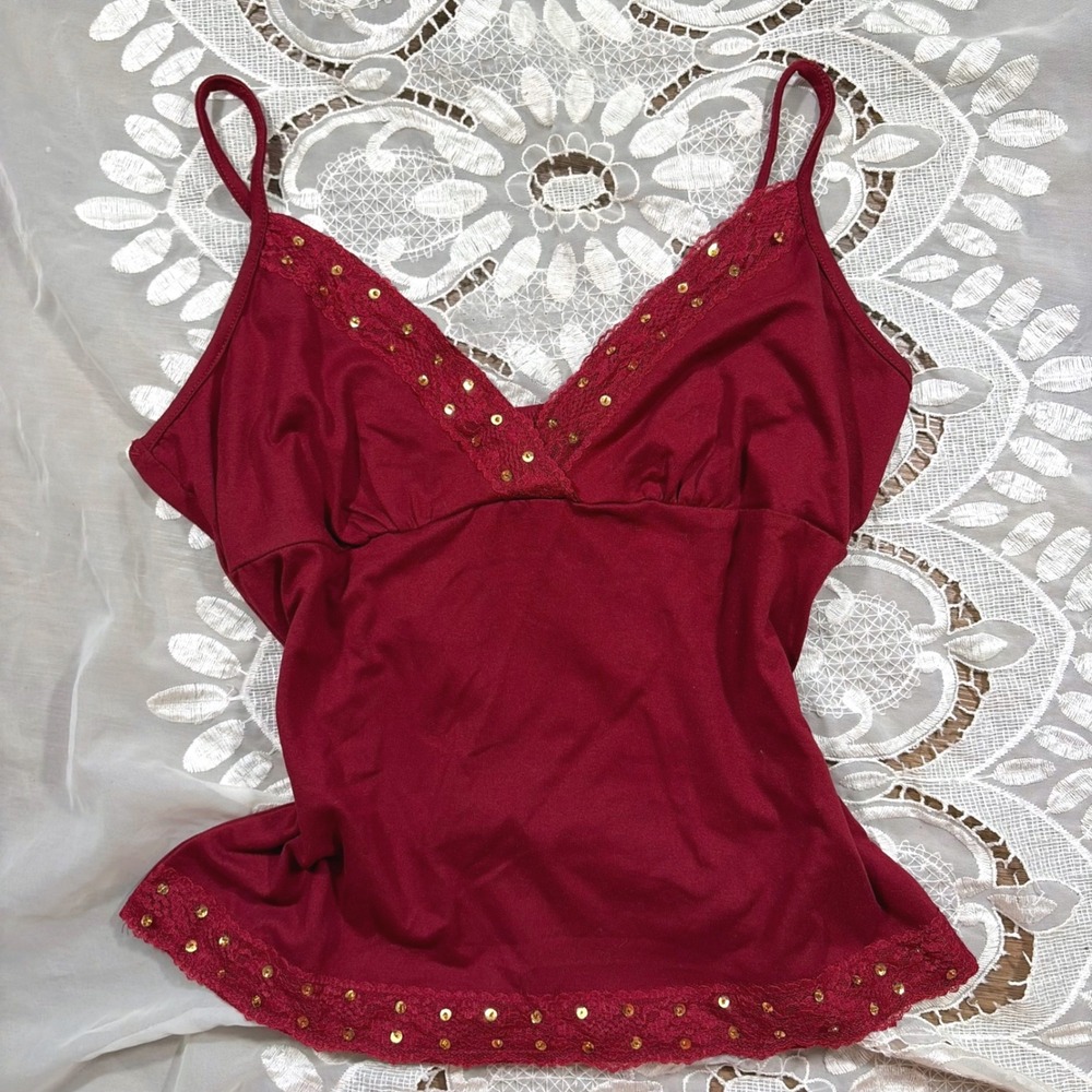 Y2K Babydoll Fall Whimsigoth Burgundy Sequin Lace Trim Cami Top Fairy L